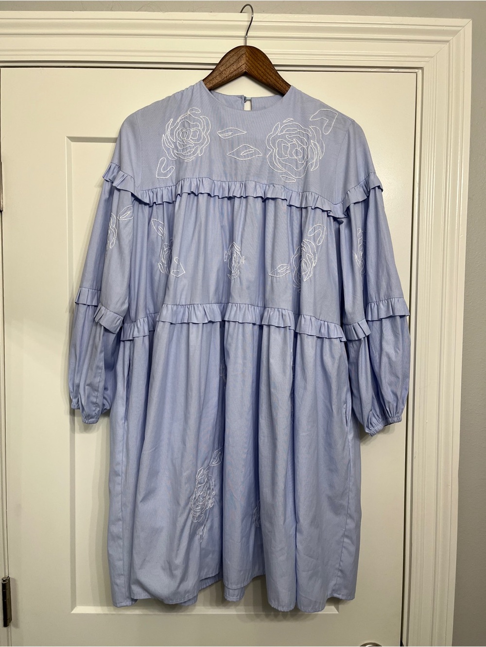 Mi Golondrina Light Blue Embroidered Ruffle Tiered Dress